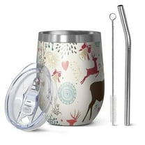 12oz Stemless Wine Tumblers Multicolor Christmas Deer Pattern Vacuum Insulated Stainless Steel Travel Tumbler Cups Mug with Lid and Straw for Champaign,Cocktail,Beer with Cleaning Brush