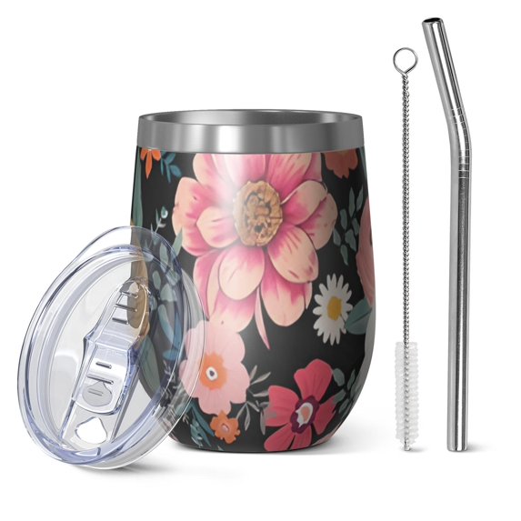 12oz Stemless Wine Tumblers Multicolored Pioneer Flower Vacuum Insulated Stainless Steel Travel Tumbler Cups Mug with Lid and Straw for Champaign,Cocktail,Beer with Cleaning Brush