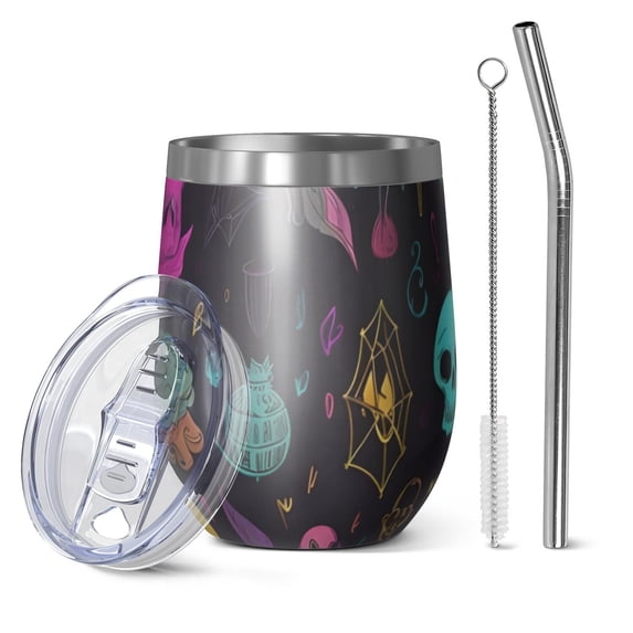 12oz Stemless Wine Tumblers Mystical Halloween Pattern Vacuum Insulated Stainless Steel Travel Tumbler Cups Mug with Lid and Straw for Champaign,Cocktail,Beer with Cleaning Brush