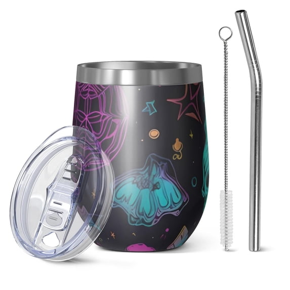 12oz Stemless Wine Tumblers Neon Halloween Pattern Vacuum Insulated Stainless Steel Travel Tumbler Cups Mug with Lid and Straw for Champaign,Cocktail,Beer with Cleaning Brush