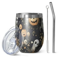 12oz Stemless Wine Tumblers Nightmare Before Christmas Halloween Pattern Vacuum Insulated Stainless Steel Travel Tumbler Cups Mug with Lid and Straw for Champaign,Cocktail,Beer with Cleaning Brush