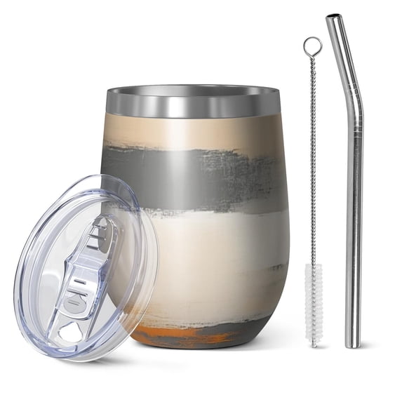 12oz Stemless Wine Tumblers Orange and Grey Abstract Art Artwork Vacuum Insulated Stainless Steel Travel Tumbler Cups Mug with Lid and Straw for Champaign,Cocktail,Beer with Cleaning Brush