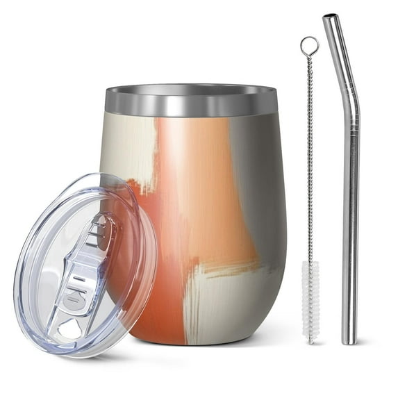 12oz Stemless Wine Tumblers Orange and Grey Abstract Art Artwork Vacuum Insulated Stainless Steel Travel Tumbler Cups Mug with Lid and Straw for Champaign,Cocktail,Beer with Cleaning Brush