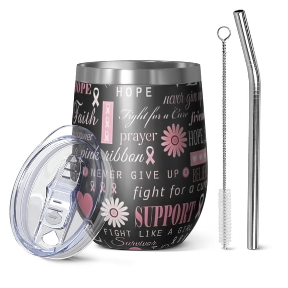 12oz Stemless Wine Tumblers Pink Breast Cancer Awareness Pattern Vacuum Insulated Stainless Steel Travel Tumbler Cups Mug with Lid and Straw for Champaign,Cocktail,Beer with Cleaning Brush