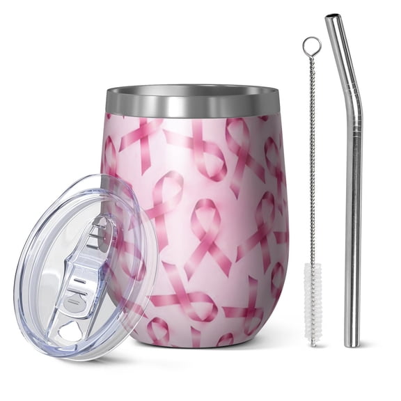 12oz Stemless Wine Tumblers Pink Breast Cancer Vacuum Insulated Stainless Steel Travel Tumbler Cups Mug with Lid and Straw for Champaign,Cocktail,Beer with Cleaning Brush