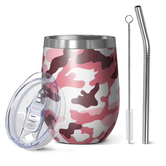 12oz Stemless Wine Tumblers Pink Brown Camo Classic Shapes Pattern Vacuum Insulated Stainless Steel Travel Tumbler Cups Mug with Lid and Straw for Champaign,Cocktail,Beer with Cleaning Brush