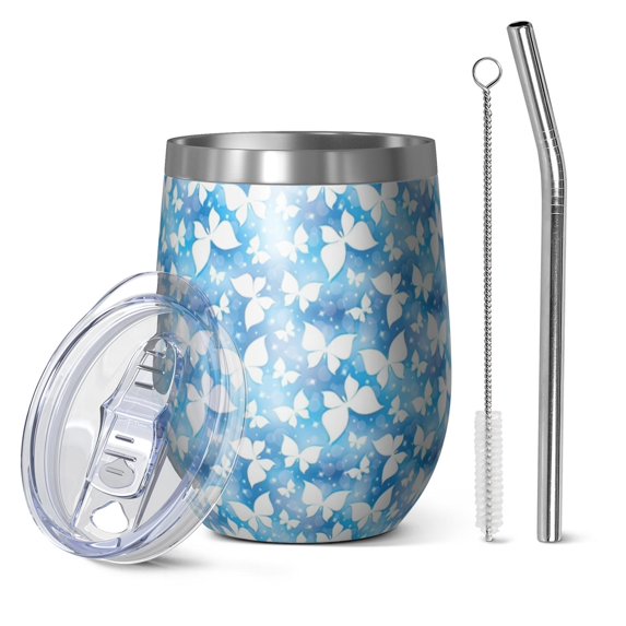 12oz Stemless Wine Tumblers Pink Butterfly Geometric Pattern Vacuum Insulated Stainless Steel Travel Tumbler Cups Mug with Lid and Straw for Champaign,Cocktail,Beer with Cleaning Brush