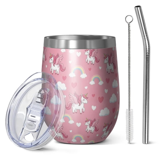 12oz Stemless Wine Tumblers Pink Cartoon Unicorn Rainbow Cloud Heart Vacuum Insulated Stainless Steel Travel Tumbler Cups Mug with Lid and Straw for Champaign,Cocktail,Beer with Cleaning Brush