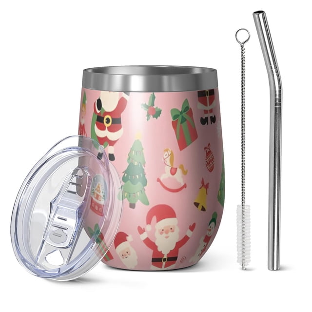 12oz Stemless Wine Tumblers Pink Christmas Santa Pattern Vacuum Insulated Stainless Steel Travel Tumbler Cups Mug with Lid and Straw for Champaign,Cocktail,Beer with Cleaning Brush