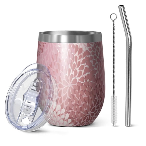12oz Stemless Wine Tumblers Pink Floral Pattern Vacuum Insulated Stainless Steel Travel Tumbler Cups Mug with Lid and Straw for Champaign,Cocktail,Beer with Cleaning Brush