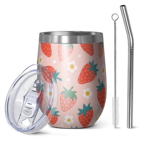 12oz Stemless Wine Tumblers Pink Strawberry Plants Fruit Vacuum Insulated Stainless Steel Travel Tumbler Cups Mug with Lid and Straw for Champaign,Cocktail,Beer with Cleaning Brush
