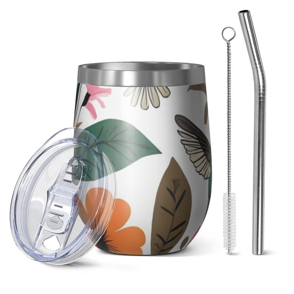 12oz Stemless Wine Tumblers Pioneer Flower and Bird Vacuum Insulated Stainless Steel Travel Tumbler Cups Mug with Lid and Straw for Champaign,Cocktail,Beer with Cleaning Brush