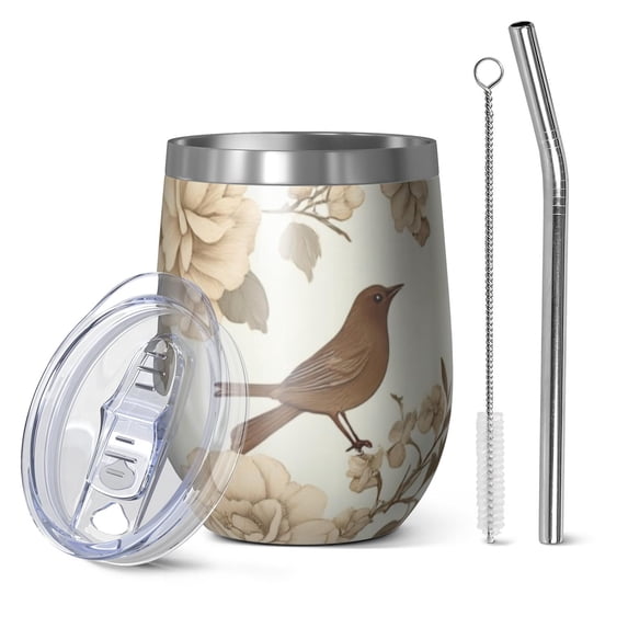 12oz Stemless Wine Tumblers Pioneer Flower and Bird Vacuum Insulated Stainless Steel Travel Tumbler Cups Mug with Lid and Straw for Champaign,Cocktail,Beer with Cleaning Brush