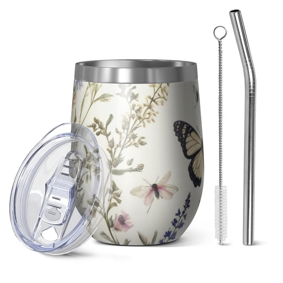12oz Stemless Wine Tumblers Pioneer Flower and Butterfly Vacuum Insulated Stainless Steel Travel Tumbler Cups Mug with Lid and Straw for Champaign,Cocktail,Beer with Cleaning Brush