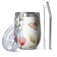 thumbnail image 1 of 12oz Stemless Wine Tumblers Pioneer Flower and Butterfly Vacuum Insulated Stainless Steel Travel Tumbler Cups Mug with Lid and Straw for Champaign,Cocktail,Beer with Cleaning Brush, 1 of 5