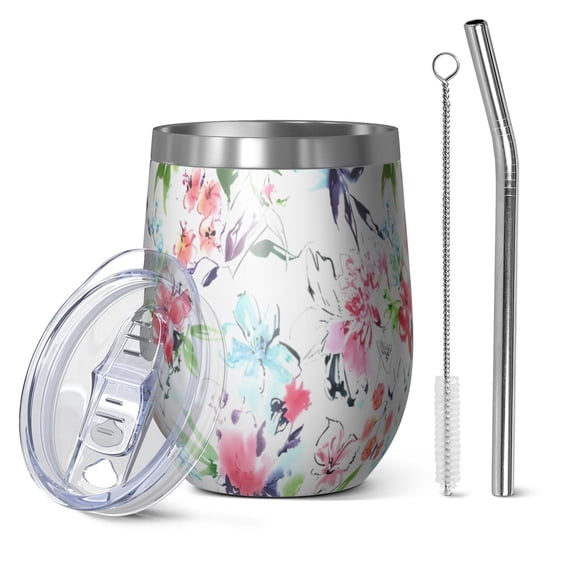 12oz Stemless Wine Tumblers Pioneer Flower Floral Print Pattern Vacuum Insulated Stainless Steel Travel Tumbler Cups Mug with Lid and Straw for Champaign,Cocktail,Beer with Cleaning Brush