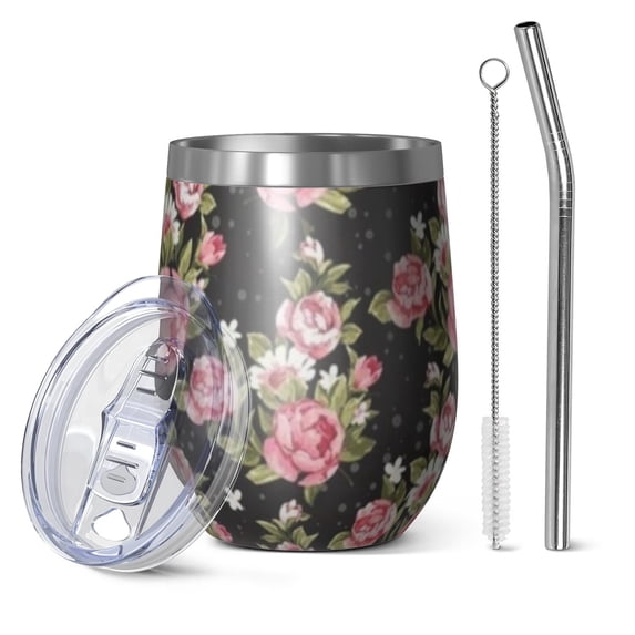 12oz Stemless Wine Tumblers Pioneer Flower Floral Print Pattern Vacuum Insulated Stainless Steel Travel Tumbler Cups Mug with Lid and Straw for Champaign,Cocktail,Beer with Cleaning Brush