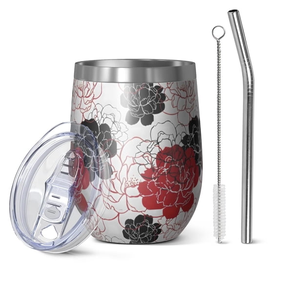12oz Stemless Wine Tumblers Pioneer Flower Floral Print Pattern Vacuum Insulated Stainless Steel Travel Tumbler Cups Mug with Lid and Straw for Champaign,Cocktail,Beer with Cleaning Brush
