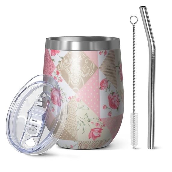 12oz Stemless Wine Tumblers Pioneer Flower Floral Print Pattern Vacuum Insulated Stainless Steel Travel Tumbler Cups Mug with Lid and Straw for Champaign,Cocktail,Beer with Cleaning Brush