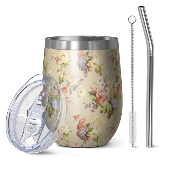 12oz Stemless Wine Tumblers Pioneer Flower Floral Print Pattern Vacuum Insulated Stainless Steel Travel Tumbler Cups Mug with Lid and Straw for Champaign,Cocktail,Beer with Cleaning Brush