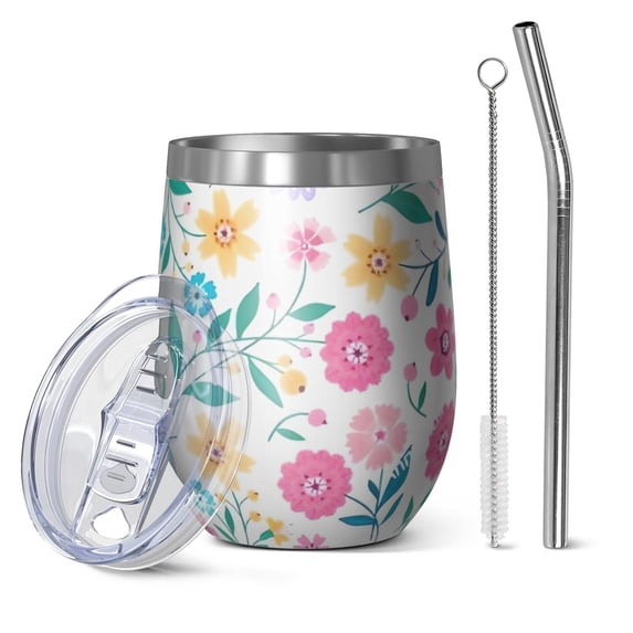 12oz Stemless Wine Tumblers Pioneer Flower Floral Print Pattern Vacuum Insulated Stainless Steel Travel Tumbler Cups Mug with Lid and Straw for Champaign,Cocktail,Beer with Cleaning Brush
