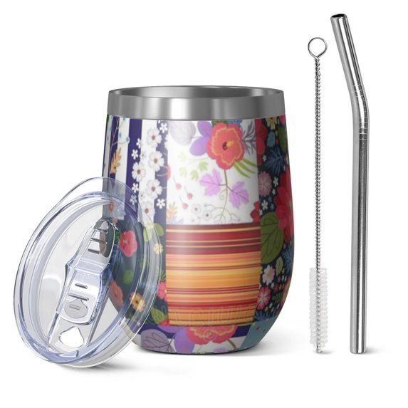 12oz Stemless Wine Tumblers Pioneer Flower Floral Print Pattern Vacuum Insulated Stainless Steel Travel Tumbler Cups Mug with Lid and Straw for Champaign,Cocktail,Beer with Cleaning Brush