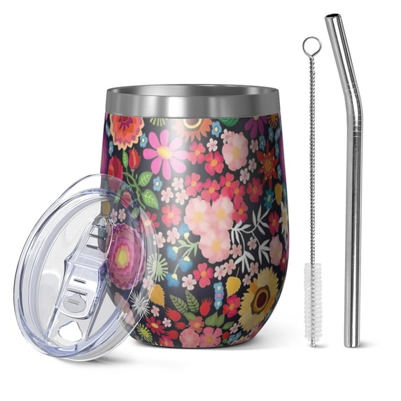 12oz Stemless Wine Tumblers Pioneer Flower Floral Print Pattern Vacuum Insulated Stainless Steel Travel Tumbler Cups Mug with Lid and Straw for Champaign,Cocktail,Beer with Cleaning Brush
