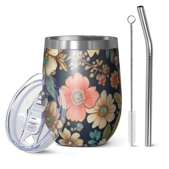 12oz Stemless Wine Tumblers Pioneer Flower Floral Print Pattern Vacuum Insulated Stainless Steel Travel Tumbler Cups Mug with Lid and Straw for Champaign,Cocktail,Beer with Cleaning Brush