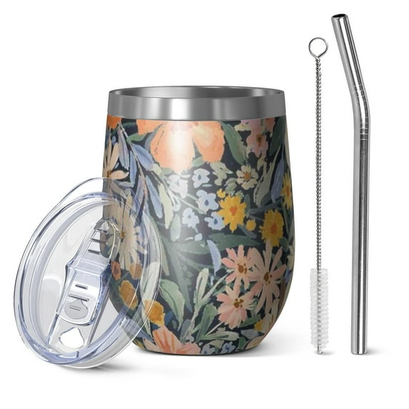 12oz Stemless Wine Tumblers Pioneer Flower Vacuum Insulated Stainless Steel Travel Tumbler Cups Mug with Lid and Straw for Champaign,Cocktail,Beer with Cleaning Brush