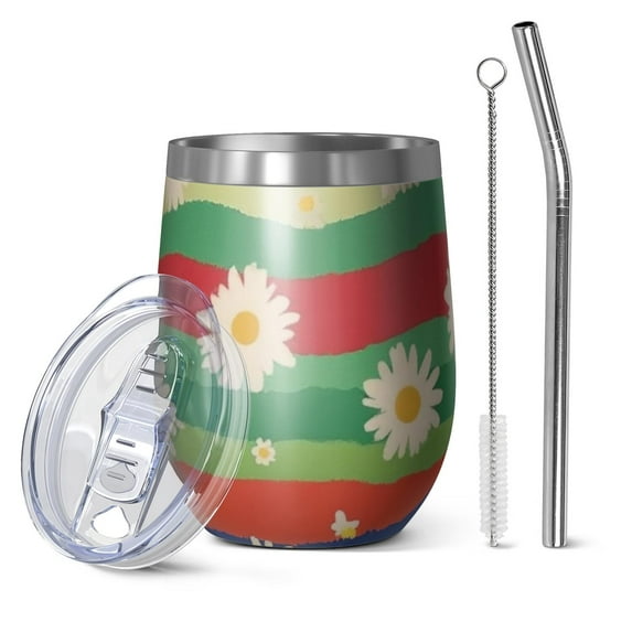 12oz Stemless Wine Tumblers Pioneer Flower Vacuum Insulated Stainless Steel Travel Tumbler Cups Mug with Lid and Straw for Champaign,Cocktail,Beer with Cleaning Brush