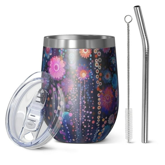 12oz Stemless Wine Tumblers Pioneer Flower Vacuum Insulated Stainless Steel Travel Tumbler Cups Mug with Lid and Straw for Champaign,Cocktail,Beer with Cleaning Brush