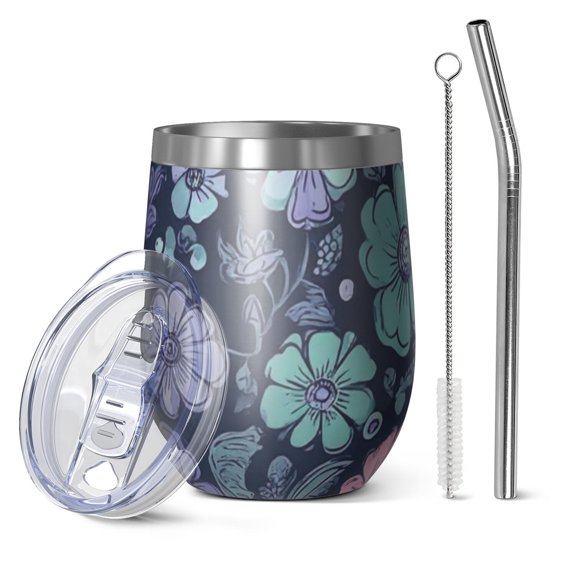 12oz Stemless Wine Tumblers Pioneer Flower Vacuum Insulated Stainless Steel Travel Tumbler Cups Mug with Lid and Straw for Champaign,Cocktail,Beer with Cleaning Brush