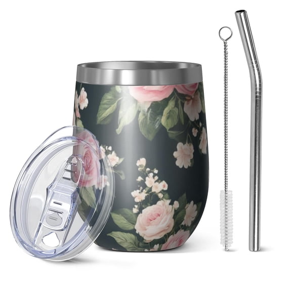 12oz Stemless Wine Tumblers Pioneer Flower Vacuum Insulated Stainless Steel Travel Tumbler Cups Mug with Lid and Straw for Champaign,Cocktail,Beer with Cleaning Brush