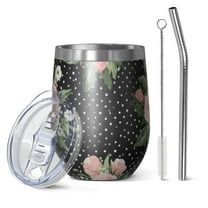 12oz Stemless Wine Tumblers Pioneer Flower Vacuum Insulated Stainless Steel Travel Tumbler Cups Mug with Lid and Straw for Champaign,Cocktail,Beer with Cleaning Brush