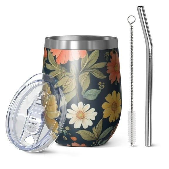12oz Stemless Wine Tumblers Pioneer Flower Vacuum Insulated Stainless Steel Travel Tumbler Cups Mug with Lid and Straw for Champaign,Cocktail,Beer with Cleaning Brush