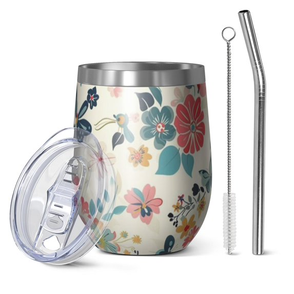 12oz Stemless Wine Tumblers Pioneer Flower Vacuum Insulated Stainless Steel Travel Tumbler Cups Mug with Lid and Straw for Champaign,Cocktail,Beer with Cleaning Brush