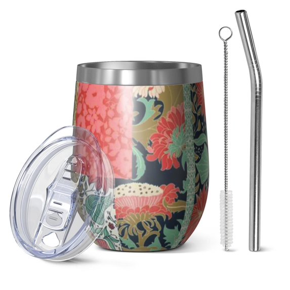 12oz Stemless Wine Tumblers Pioneer Flower Vacuum Insulated Stainless Steel Travel Tumbler Cups Mug with Lid and Straw for Champaign,Cocktail,Beer with Cleaning Brush