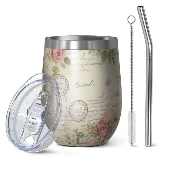 12oz Stemless Wine Tumblers Pioneer Flower Vacuum Insulated Stainless Steel Travel Tumbler Cups Mug with Lid and Straw for Champaign,Cocktail,Beer with Cleaning Brush