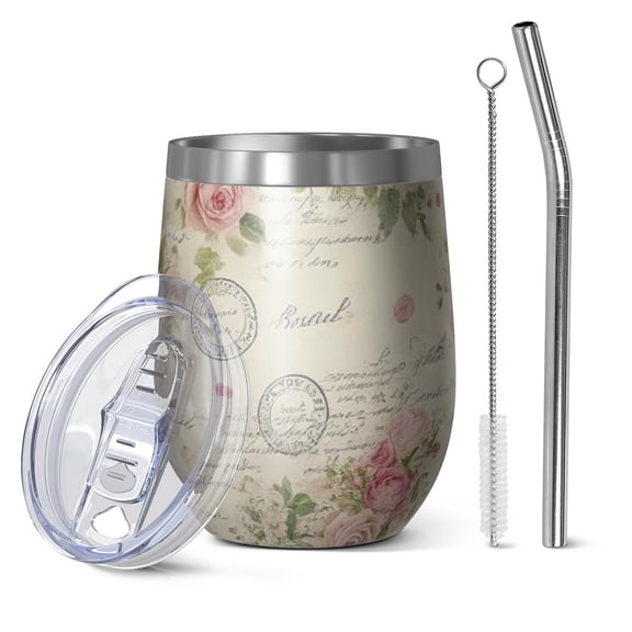 12oz Stemless Wine Tumblers Pioneer Flower Vacuum Insulated Stainless Steel Travel Tumbler Cups Mug with Lid and Straw for Champaign,Cocktail,Beer with Cleaning Brush