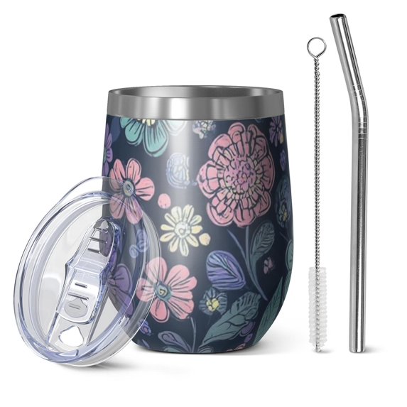 12oz Stemless Wine Tumblers Pioneer Flower Vacuum Insulated Stainless Steel Travel Tumbler Cups Mug with Lid and Straw for Champaign,Cocktail,Beer with Cleaning Brush