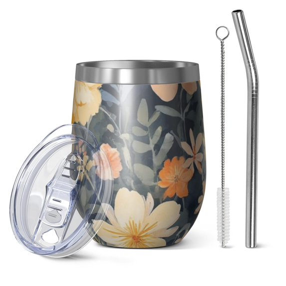 12oz Stemless Wine Tumblers Pioneer Flower Vacuum Insulated Stainless Steel Travel Tumbler Cups Mug with Lid and Straw for Champaign,Cocktail,Beer with Cleaning Brush