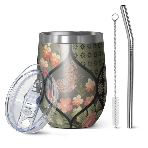 12oz Stemless Wine Tumblers Pioneer Flower Vacuum Insulated Stainless Steel Travel Tumbler Cups Mug with Lid and Straw for Champaign,Cocktail,Beer with Cleaning Brush