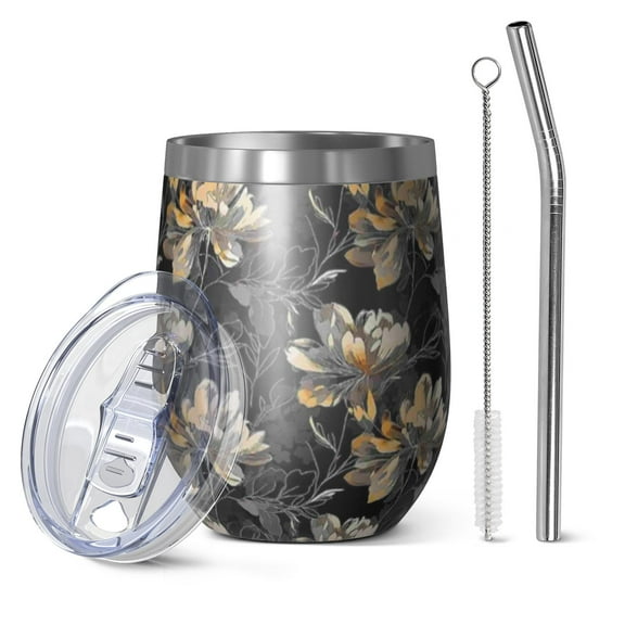 12oz Stemless Wine Tumblers Pioneer Flower Vacuum Insulated Stainless Steel Travel Tumbler Cups Mug with Lid and Straw for Champaign,Cocktail,Beer with Cleaning Brush