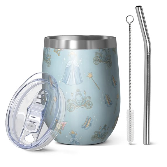 12oz Stemless Wine Tumblers Princess Pattern Vacuum Insulated Stainless Steel Travel Tumbler Cups Mug with Lid and Straw for Champaign,Cocktail,Beer with Cleaning Brush