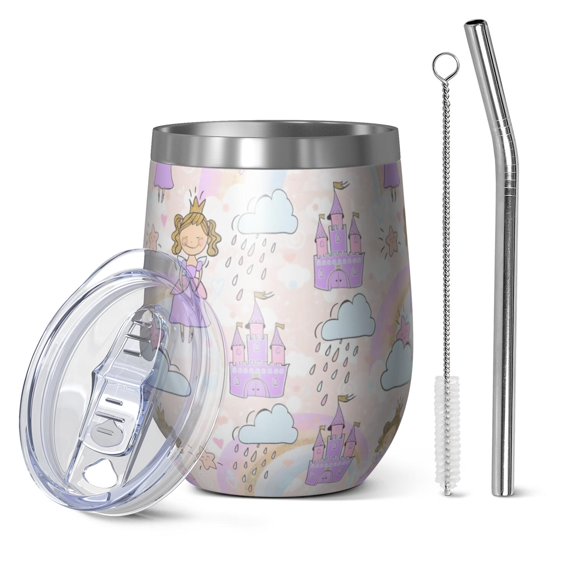 12oz Stemless Wine Tumblers Princess Rainbow Castle Pattern Vacuum Insulated Stainless Steel Travel Tumbler Cups Mug with Lid and Straw for Champaign,Cocktail,Beer with Cleaning Brush