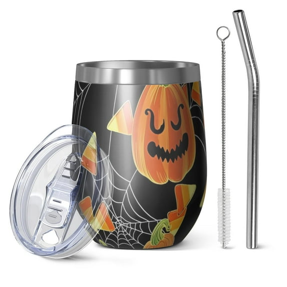 12oz Stemless Wine Tumblers Pumpkin Candy Halloween Pattern Vacuum Insulated Stainless Steel Travel Tumbler Cups Mug with Lid and Straw for Champaign,Cocktail,Beer with Cleaning Brush