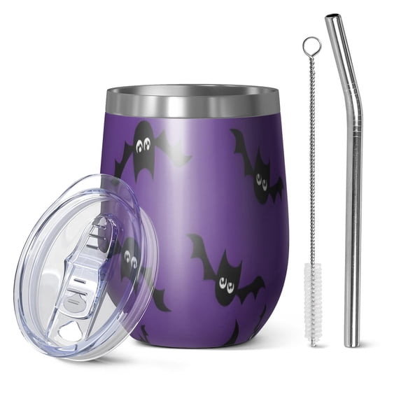 12oz Stemless Wine Tumblers Purple Halloween Black Bats Vacuum Insulated Stainless Steel Travel Tumbler Cups Mug with Lid and Straw for Champaign,Cocktail,Beer with Cleaning Brush