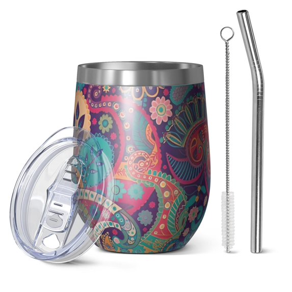 12oz Stemless Wine Tumblers Purple Pioneer Flower and Paisley Pattern Vacuum Insulated Stainless Steel Travel Tumbler Cups Mug with Lid and Straw for Champaign,Cocktail,Beer with Cleaning Brush