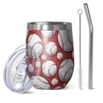 thumbnail image 1 of 12oz Stemless Wine Tumblers Red Baseballs Pattern Vacuum Insulated Stainless Steel Travel Tumbler Cups Mug with Lid and Straw for Champaign,Cocktail,Beer with Cleaning Brush, 1 of 5