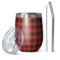 12oz Stemless Wine Tumblers Red Black Plaid Checkered Pattern Vacuum Insulated Stainless Steel Travel Tumbler Cups Mug with Lid and Straw for Champaign,Cocktail,Beer with Cleaning Brush